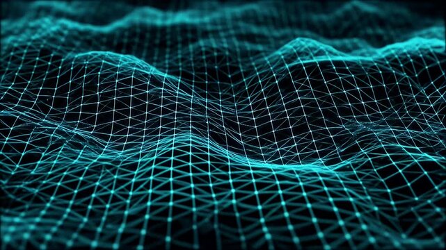 A glowing blue-green digital mesh forms an abstract undulating wave pattern, representing data or a futuristic landscape.
