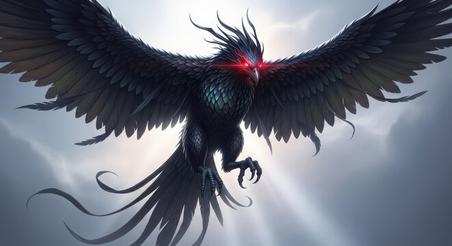 Mythical dark raven with glowing red eyes flying in stormy sky, fantasy creature concept illustration