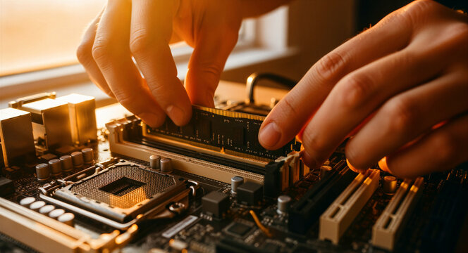 Hands installing a RAM module into a computer motherboard. Technician upgrading desktop PC hardware during warm sunset lighting. Hardware assembly and IT repair concept for tech support marketing.