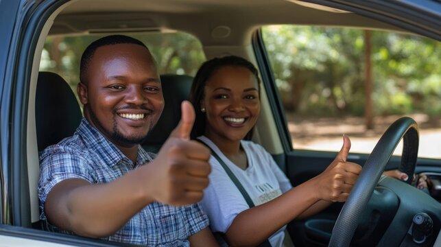 Smiling couple sitting in their car, giving thumbs up during test drive or road trip