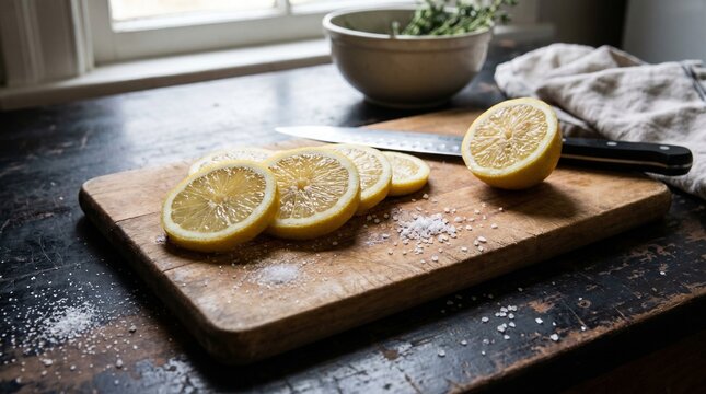 Wooden cutting board on dark countertop with lemon slices lined up, halved lemon upright, knife beside, ceramic bowl of herbs and cloth in background, natural light through window creating fresh atmos