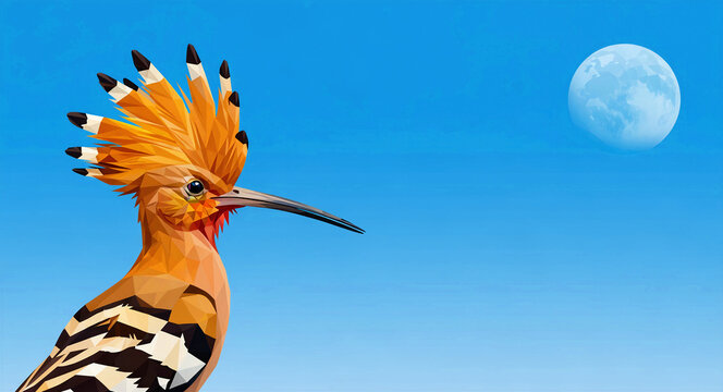 Low poly illustration of a hoopoe bird with a crest against a blue sky. Vibrant geometric portrait featuring the bird and a large moon. Artistic wildlife concept for nature-themed design and posters.