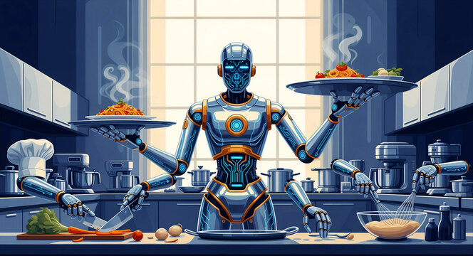 Multi-armed robot chef preparing food in a modern kitchen. Futuristic android cook performs multiple tasks like whisking and serving pasta. AI culinary concept for food technology marketing.
