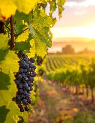 Fototapeta premium A serene vineyard at sunset with lush grapes