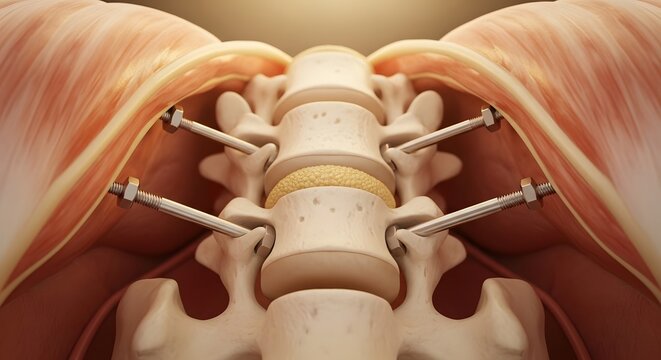 Lumbar spine fixation with pedicle screws and rods orthopedic spinal surgery concept