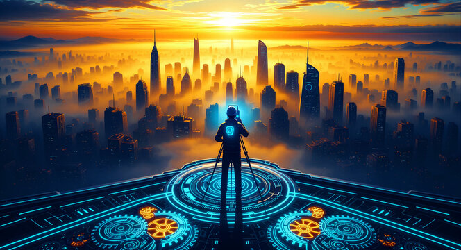 Man standing on futuristic digital platform overlooking golden city skyline at sunset. Silhouette of engineer using surveying equipment on a high-tech glowing architectural base. Smart city concept.