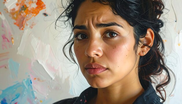 A woman with dark hair and a puzzled expression