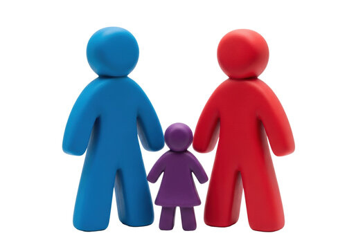three stylized matte plasticine figures (blue, red, purple adults and child) standing together in shadowless studio light on a transparent background. concept of family structure and unity