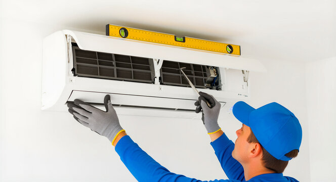 Professional technician installing air conditioner on white wall. Worker in blue uses spirit level for precise HVAC maintenance. Home climate control repair concept, ideal for cooling services.