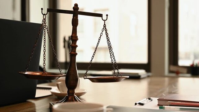 Vintage copper scales of justice resting on a wooden desk in a law office