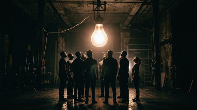A group of silhouetted people stands in a dimly lit, industrial space.