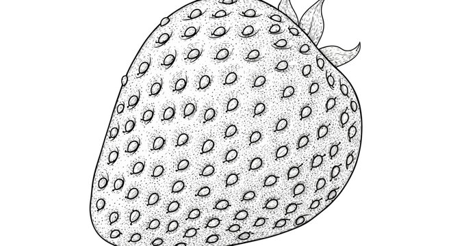 Close-up detailed sketch of a strawberry, showcasing its texture and seeds with a hand-drawn artistic style and a clean, monochrome aesthetic