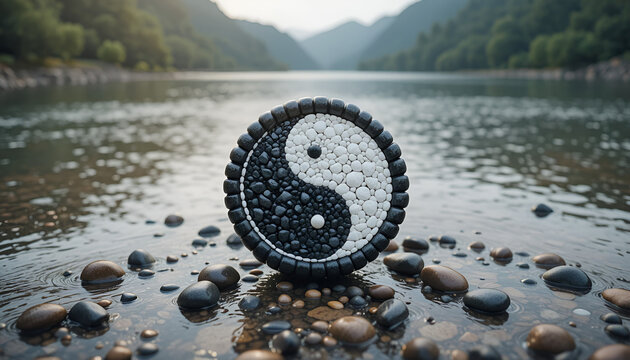 Yin Yang Symbol Made with Stones by Water &ndash; Balance and Harmony Concept