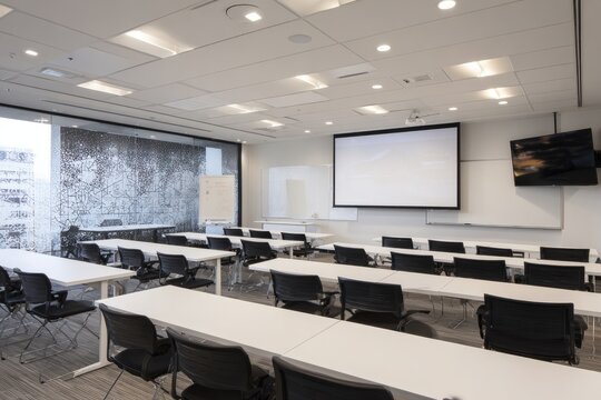 Rows of tables and chairs in a brightly lit lecture hall with a projector screen