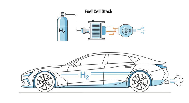 Diagram of a hydrogen fuel cell car with fuel cell stack and hydrogen tank