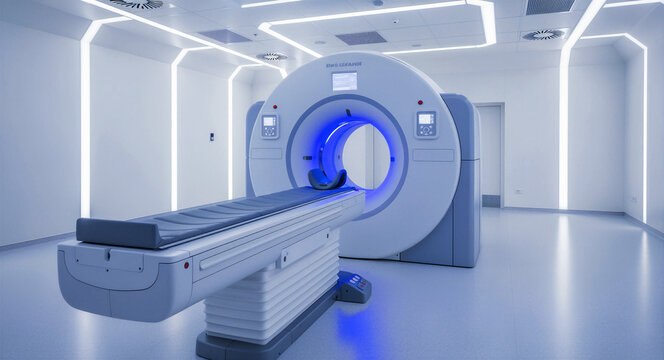 Empty MRI scanner machine in a modern medical diagnostic room. Advanced computer tomography equipment with blue glow in a sterile setting. Radiology and neuroimaging concept for healthcare marketing.