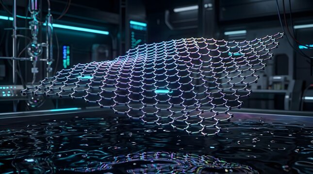 A futuristic hexagonal graphene lattice structure glows in a dark laboratory setting with technology and industry elements.