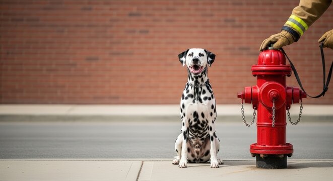 Dalmatian dog sitting by fire hydrant.