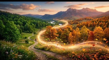 Naklejka premium A breathtaking panoramic view showcases a winding road cutting through a vibrant autumn landscape.