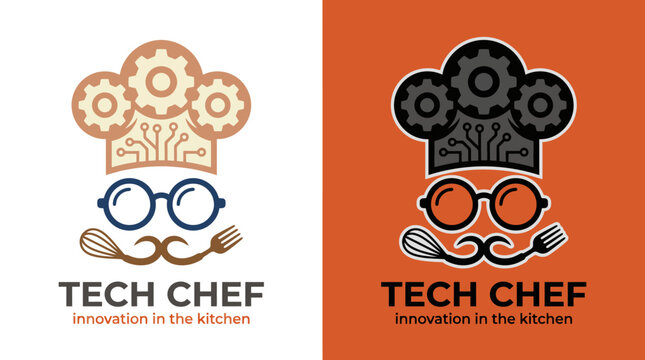 A playful logo featuring a chef's hat made of gears combined with glasses and a mustache, symbolizing innovation and technology in the culinary field.