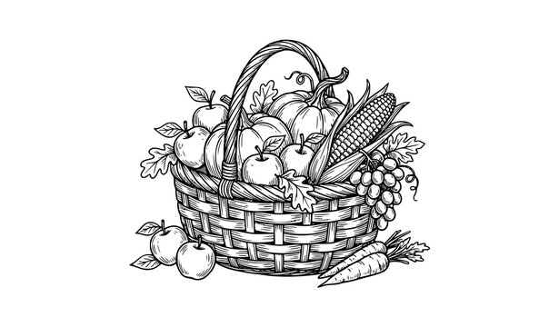 Hand drawn harvest basket line art vector with fruits and vegetables seasonal farm illustration for autumn and packaging design
