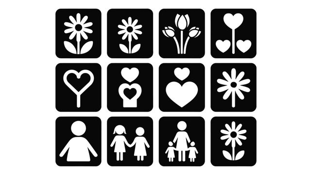 Set of white silhouette icons representing love family and nature on black background