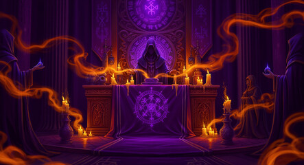 Obraz premium Hooded sorcerers performing a mystical ritual at a runic altar. Glowing energy flows through a dark temple with candles and purple light. Occult magic concept for dark fantasy and horror.