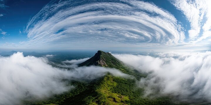 Panoramic View of a Majestic Mountain Peak Emerging from a Sea of Clouds.