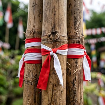 Indonesian Independence Day Celebration Details: Red and White Ribbons Tied to Bamboo Poles