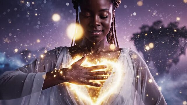 Woman with glowing heart in mystical dreamscape with floating islands and stars.