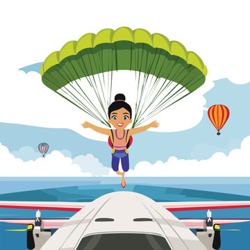 Woman skydiving from plane with parachute against blue sky and balloons