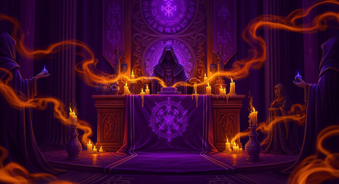 Hooded sorcerers performing a mystical ritual at a runic altar. Glowing energy flows through a dark temple with candles and purple light. Occult magic concept for dark fantasy and horror.