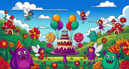 Fototapeta premium Fantasy birthday party with a tiered cake and colorful balloons. Monsters and fairies celebrate near mushroom houses and flowers. Playful cartoon illustration ideal for kids' party invites and decor.