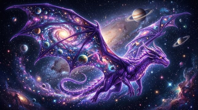 A majestic purple dragon soars through a vibrant, cosmic nebula.