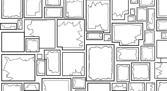 Abstract mosaic pattern of outlined rectangles and geometric frames in black and white with abstract rectangle geometric background monochrome artistic composition structure illustration