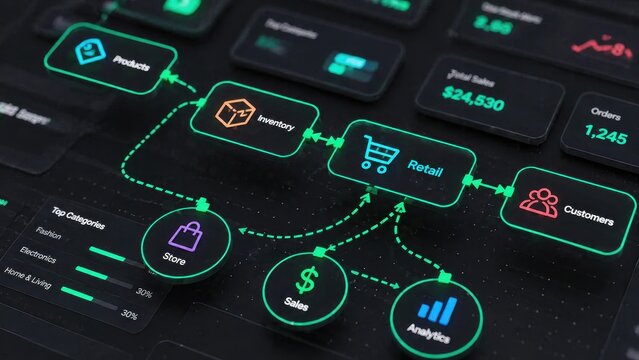 Business process flow chart with glowing icons for inventory, retail, sales, and analytics