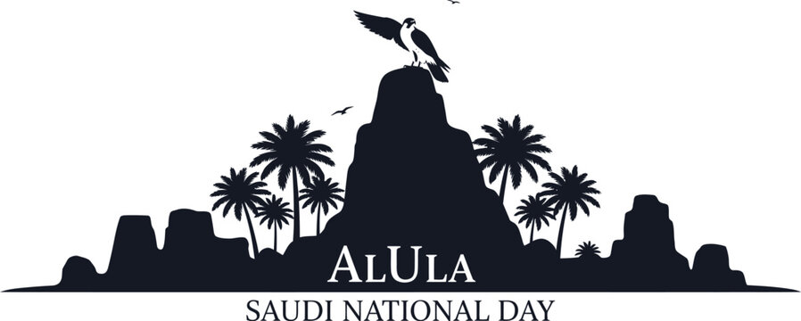 Saudi national day graphic celebrating al ula heritage with silhouette landmarks palm trees and a flying falcon national silhouette landmark heritage formation celebration monument illustration