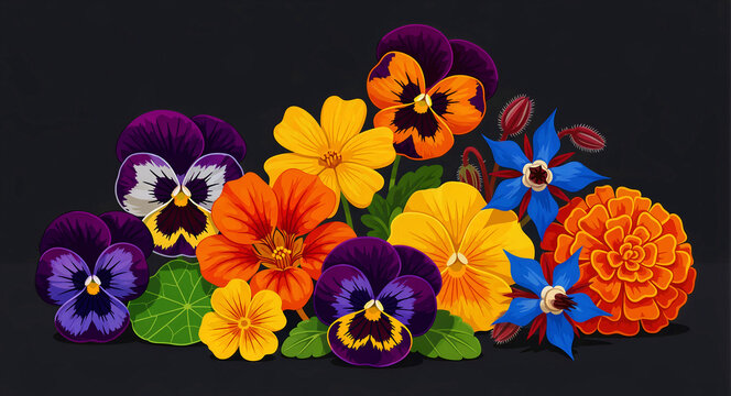 Colorful edible flowers illustration on a dark background. Features pansies, nasturtiums, marigolds, and borage blossoms. Botanical concept for culinary art, food branding, and menu design.