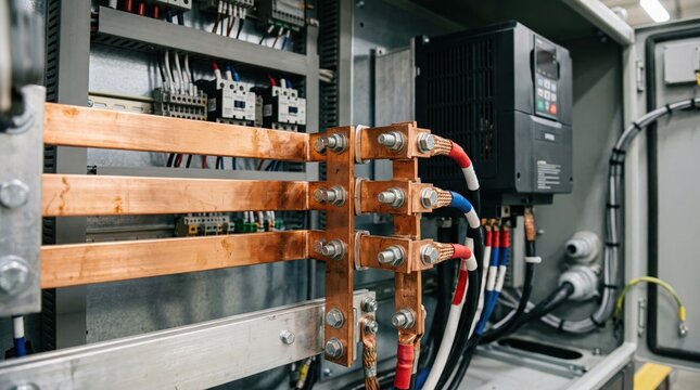 Medium shot focused on detailed busbar connections in an energysaving drive system upgrade showcasing enhanced electrical continuity and reduced power loss in a modern control
