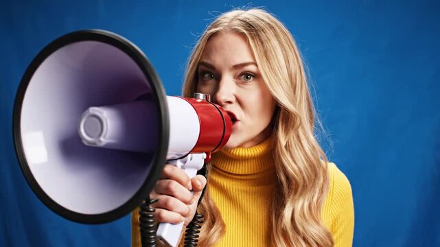 Woman with Megaphone Announcing Important News on Blue Background.