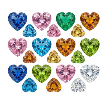 Assortment of colorful heart-shaped gemstones and unique cuts on a white background