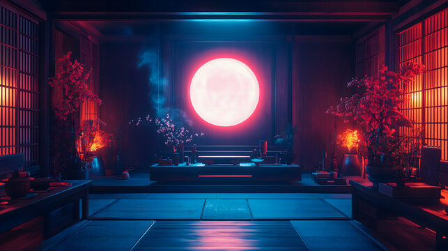 Traditional Japanese Shinto altar (Kamidana) featuring a circular display with a smiling AI interface.