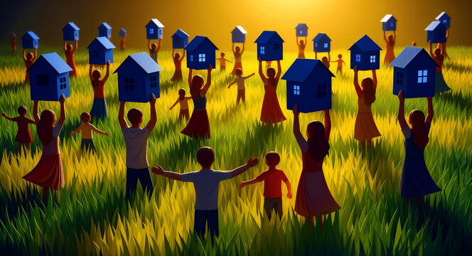 People holding blue houses in a golden field at sunset. Community celebrating home ownership and unity. Housing market and mortgage loan concept for real estate advertising.
