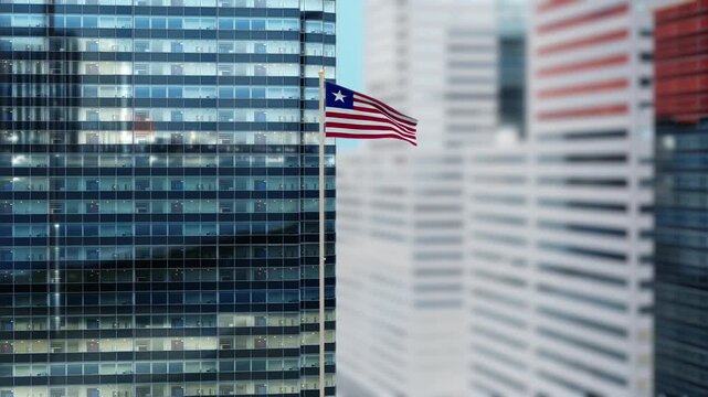 Liberia Flag 3D Render Animation on Pole with Modern City Buildings - Shallow Depth of Field, Daytime View