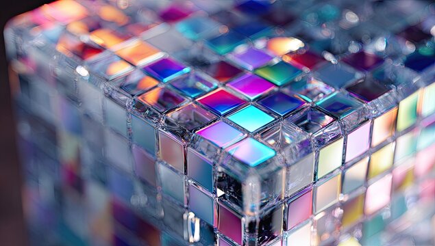 Geometric crystal cube with shimmering iridescent facets and vibrant colored reflections