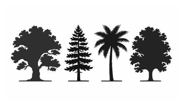 Tree silhouette vector set oak pine palm forest black collection isolated on white