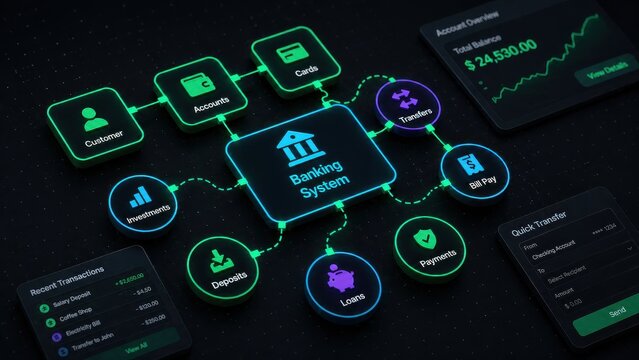 Digital Banking System Network Flowchart with Icons for Accounts, Cards, Transfers, and Payments