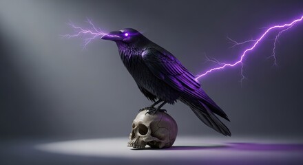 Naklejka premium black crow perched on skull with purple lightning storm in dramatic dark background