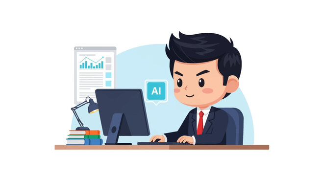 Chibi style vector illustration of a professional male manager in a suit working at a computer desk with an AI icon, digital data analytics chart, desk lamp, and a stack of books.