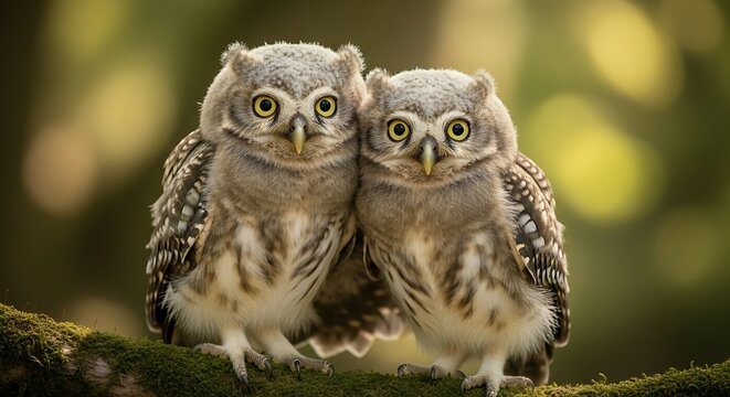 Two owlets perched on branch.